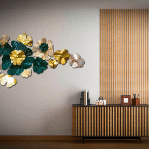 Green & Gold Floral Metal Wall Art – Modern Luxury Home Décor Frame
