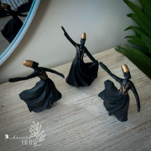 Handcrafted Black Whirling Dervish Figurines Set – Elegant Sufi Dancing Decor with Golden Detailing